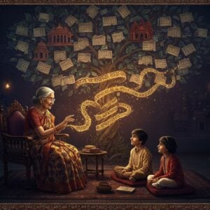 A serene elderly Indian grandmother in an intricately patterned Madhubani-style sari, sitting on an ornate wooden chair, storytelling to her grandchildren in a traditional Indian courtyard. Her hands are gracefully gesturing in the air, creating ethereal, golden threads of different Indian scripts floating and interweaving in the space around them. The children, dressed in modern Indian attire, sit on floor cushions, their faces illuminated with wonder. Behind them, a magnificent tree of life emerges, its branches forming the shapes of different regional Indian architectural styles (Kerala wooden temples, Rajasthani havelis, Bengali terracotta temples). The tree's leaves are delicately painted manuscript pages in various Indian scripts. Soft, glowing orbs of light in pastel blues and golds illuminate the scene. The background features subtle Pattachitra-style borders with intricate patterns representing different Indian cultural motifs. The overall composition combines hyperrealistic details with magical surrealism, rendered in rich, deep colors like indigo, maroon, and gold, with modern digital lighting effects creating an ethereal atmosphere.