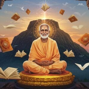 A serene portrait of Ramana Maharshi in his signature white dhoti, seated in padmasana on a golden lotus platform against the sacred Arunachala hill at dawn. His face radiates divine wisdom with a gentle smile and penetrating eyes. Sacred books with intricate Madhubani-style borders float around him, emanating soft golden light. A mystical library setting surrounds him with ethereal bookshelves carved from light. Peacock-blue and saffron energy swirls create mandala patterns in the background. The scene is illuminated by both moonlight and sunrise, creating a magical atmosphere. Flying pages transform into white doves. Modern geometric patterns blend with traditional Tamil motifs. The lighting is otherworldly with soft glows and halos. The art style combines hyperrealistic portrait details with surreal spiritual elements. Rich textures in the clothing and environment. The color palette focuses on whites, golds, deep blues, and dawn pastels. Intricate details in the hill's texture reference sacred Tamil scriptures.