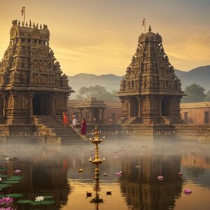 A serene ancient stone temple complex at sunrise, with intricate Hoysala-style architecture featuring detailed carvings of Krishna and Hanuman. The main temple has multiple tiers adorned with gold-leaf decorations. A sacred pond in the foreground reflects the temple's image, surrounded by blooming lotus flowers in pink and white. Rays of golden sunlight filter through morning mist, creating a divine atmosphere. Traditional oil lamps line the temple steps, their flames creating a warm glow. Two pilgrims in traditional Indian attire (a man in white dhoti and woman in maroon saree) are seen performing pradakshina around the temple. Floating diyas and flower petals drift on the water's surface. The background shows majestic Western Ghats mountains in soft blues. The scene is rendered in a fusion of Pattachitra and modern digital art style, with rich earthy colors like deep maroon, saffron, and gold. Ornate mandalas float ethereally in the misty air, their patterns incorporating Madhwa symbols. The overall composition emphasizes spiritual tranquility with a mystical, timeless quality.