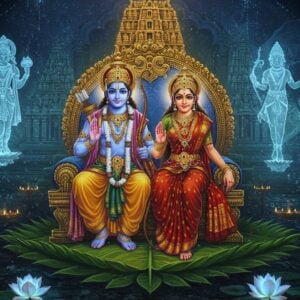 A majestic scene depicting Lord Rama and Sita in ornate Tamil royal attire, seated on an intricately carved digital throne that transforms into ancient palm leaves at its base. Lord Rama wears a rich blue dhoti with golden embellishments, holding his divine bow in his right hand. Sita wears a traditional Tamil red and gold silk saree with temple jewelry. Behind them, a massive ethereal screen displays elegant Tamil scripts flowing like golden rivers. The background features a blend of ancient Tamil architecture and modern digital elements, with holographic projections of key scenes from Kamba Ramayanam floating in the air. Surrounding them are mystical white lotus flowers emitting a soft blue glow, while sacred threads with binary code patterns weave through the scene. The lighting combines warm traditional oil lamp glows with modern blue-white digital illumination. The art style merges traditional Tanjore painting techniques with contemporary digital art, featuring rich colors of deep blue, gold, and maroon. Multiple translucent layers of Tamil architectural motifs create depth, while floating crystals and light particles add a modern technological feel.