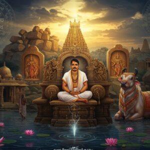 A majestic scene depicting Lord Basavanna as a serene figure in traditional white dhoti and shawl, seated in meditation on a carved stone platform adorned with Kannada-style architectural motifs. Behind him rises the iconic Hampi landscape with massive granite boulders and ancient temples in warm golden light. The composition features intricate Hoysala-style carvings floating ethereally in the air, showing scenes from Vachana literature. A mystical Nandi bull, adorned with traditional Karnataka-style decorations and bells, stands guard nearby. The scene is surrounded by floating vignettes showing Vijayanagara architecture, Mysore Palace's domes, and Badami cave temples. The lighting is dramatic with divine rays filtering through clouds, creating a surreal atmosphere. The color palette combines deep indigos, rich golds, and warm earth tones. Ornate mandalas with Vachana inscriptions glow subtly in the background. The art style merges traditional Mysore painting techniques with modern digital art, featuring intricate details and a ethereal, spiritual quality. Floating lotus flowers and water ripples add movement and mysticism to the scene.