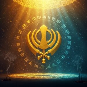 A majestic golden Khanda symbol floating in a mystical space, emanating rays of divine light in shades of deep saffron and azure blue. The Khanda is intricately detailed with traditional Sikh patterns and motifs, featuring a double-edged sword in the center with two curved kirpans on either side. Around the Khanda, ethereal wisps of energy form subtle representations of the five Ks (Kesh, Kangha, Kara, Kachera, and Kirpan) in a spiral pattern. The background features a blend of contemporary sacred geometry and traditional Gurmukhi art style, with mandala-like patterns rippling outward. Soft, glowing particles float upward like celestial stars. The scene is bathed in warm, golden light from above, creating a dramatic interplay of light and shadow. The overall composition suggests both spiritual power and serene devotion, rendered in a modern digital art style while maintaining traditional Sikh artistic elements. The atmosphere conveys both grandeur and mindfulness, with subtle hints of incense smoke curling through the scene.