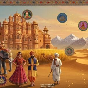 A panoramic view of Northwest India's essence, featuring a majestic Rajasthani palace with intricate Rajput architecture in warm sandstone colors merging into a stylized map. The foreground shows three Indian travelers - a woman in a vibrant bandhani print dress, a man in a traditional Punjabi kurta, and an elderly person in a Himachali topi. They're surrounded by iconic cultural elements: a decorated elephant with royal howdah, golden wheat fields of Punjab, snow-capped Himalayan peaks, and desert dunes. Floating medallions showcase cultural motifs - Kathak dancers, Phulkari embroidery patterns, and Buddhist prayer flags. The scene is illuminated by a warm sunset creating long shadows, with soft pastels in the sky transitioning to rich jewel tones on the ground. Intricate Madhubani-style border patterns frame the composition, incorporating peacocks, camels, and lotus motifs. The artwork style combines digital precision with traditional Indian art elements, featuring a color palette of deep saffron, royal blue, desert beige, and gold accents. Ethereal light particles float through the scene, creating a magical, inviting atmosphere.