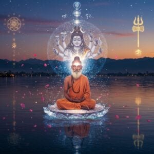 A serene Indian sage in deep meditation, sitting cross-legged on a crystal lotus platform floating above the crystal-clear Dal Lake in Kashmir. The sage's third eye is prominently glowing with divine white light, symbolizing awakened consciousness. Behind him, a massive ethereal mirror made of shimmering water reflects multiple aspects of Shiva - the supreme consciousness. The mirror creates a mesmerizing infinite reflection effect. The scene is set during twilight with the Himalayan mountains in the background cast in purple and gold hues. Intricate Kashmiri geometric patterns and mandalas float in the air, rendered in glowing lines of light. Traditional Kashmir Shaivism symbols like the trident and crescent moon appear as subtle golden motifs. The overall composition has a dreamy, surreal quality with soft lighting and a color palette of deep blues, purples, and warm golds. Multiple translucent layers of consciousness represented as concentric rings of light emanate from the sage. Floating lotus petals and specks of divine light add movement to the scene. Art style combines hyperrealistic digital painting with traditional Kashmiri art motifs and modern spiritual aesthetics.