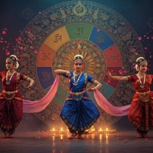 A mystical Indian dance performance scene with three graceful classical dancers in rich silk costumes (deep maroon, royal blue, and gold), their expressions portraying different rasas - Shringara (love), Veera (courage), and Karuna (compassion). Their mudras and poses are precise and fluid. Behind them, a large circular mandala pattern radiates with nine distinct sections, each representing a different rasa with corresponding colors and symbols. The background features intricate Madhubani-style patterns with peacocks, lotuses, and traditional motifs in gold leaf detail. Floating diaphanous fabric and rose petals create movement. The lighting is dramatic with warm golden spots highlighting the dancers while cool blue undertones create depth. The scene is enhanced with swirling energy patterns and subtle sacred geometry. Ethereal mist adds a dreamy quality. The art style combines hyperrealistic rendering with traditional Indian art elements, featuring deep saturated colors and metallic accents. The overall composition is symmetrical and balanced, with a modern minimalist touch in the arrangement.