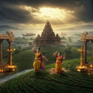 A majestic aerial view of Southeast Indian landscape during monsoon season, featuring terraced Araku Valley tea plantations glistening with rain droplets in the foreground. A magnificent ancient Shore Temple of Mahabalipuram emerges from misty clouds in the middle ground, with dark monsoon clouds dramatically illuminated by golden sunlight above. Traditional Tamil women in vibrant Kancheepuram silk sarees (deep purple and golden) perform Bharatanatyam poses under ornate temple archways. The scene includes intricate Kolam patterns glowing with rain-soaked colors, banana leaf preparations, and jasmine flowers. Scattered through the scene are iconic elements: a traditional Kathakali performer's face, Kerala houseboats on backwaters, and Carnatic music instruments. The color palette features deep greens, ocean blues, warm golds, and rich earth tones. Art style combines hyperrealistic digital painting with traditional Indian Tanjore art elements, featuring metallic accents and jewel-like colors. Lighting creates a dramatic interplay between monsoon shadows and golden sunshine breaking through clouds.
