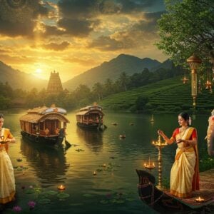 A majestic aerial view of Kerala's backwaters at golden sunset, with traditional wooden houseboats adorned with intricate Madhubani-style patterns floating on serene waters. In the foreground, a beautiful Indian woman in a cream and gold Kerala kasavu saree performs a traditional dance pose with a brass lamp. The Western Ghats mountains rise dramatically in the background, their slopes covered in emerald green spice plantations and tea gardens. Ethereal mist swirls around ancient stone temples perched on hillsides, their architecture detailed in the Dravidian style. Floating lotus flowers and oil lamps illuminate the water, creating golden reflections. Sacred elephants decorated with traditional temple ornaments stand majestically near a banyan tree wrapped with glowing threads. The scene is rendered in rich, deep colors - forest greens, royal blues, and burnished golds - with intricate mandala patterns subtly woven throughout the sky. The lighting is warm and mystical, with rays of sunlight filtering through clouds creating divine light beams. Digital art style merging photorealism with traditional Indian art motifs, emphasizing the magical realism of South Indian spirituality.