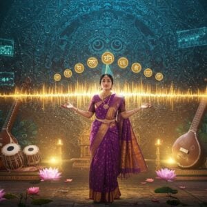 A mystical Indian classical music performance scene with a ethereal female vocalist in a contemporary silk saree (deep purple with golden border) emanating visible sound waves in the form of golden geometric patterns and Sanskrit syllables. The waves transform into seven distinct colorful streams representing the seven svaras (Sa, Re, Ga, Ma, Pa, Dha, Ni). Behind her, a large, modernistic digital visualization of sound frequencies in peacock blue and gold merges with traditional Madhubani-style musical motifs. Floating tanpuras and veenas rendered in glowing celestial light frame the scene. The background features a massive mandala made of interconnected musical notations and traditional Indian musical instruments. Holographic music notation symbols float in the air, while lotus flowers in pastel pink and white bloom at her feet. The lighting is dramatic with soft focus spots and ambient golden glow. The scene combines futuristic elements like floating AR displays showing frequency patterns with traditional elements like peacock feathers and temple architecture. Hyperrealistic digital art style with surreal elements, emphasizing the fusion of tradition and technology.