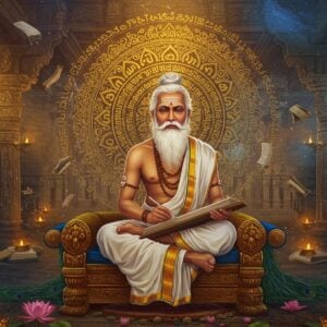 A dignified elderly Tamil sage Thiruvalluvar seated in padmasana on an ornate golden throne, wearing traditional white dhoti and angavastram, with a flowing grey beard and distinctive Tamil scholar's topknot. He holds a palm leaf manuscript in his left hand and a stylus in his right. Behind him, an enormous mandala pattern composed of Tamil script transforms into flying birds. The background features a mystical library with floating scrolls and ancient Tamil architecture with gopurams. Soft golden light emanates from the scene, while ethereal blue and saffron mist swirls around. In the foreground, a decorative arrangement of Tamil motifs, peacock feathers, and lotus flowers frames the composition. The art style combines hyperrealistic digital painting with traditional Thanjavur art elements, featuring rich jewel tones of deep blue, gold, and maroon. Subtle sacred threads and traditional Tamil symbols are woven throughout the image. The lighting creates a divine, knowledge-sharing atmosphere with rays of light streaming through ancient pillars.