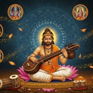 A mystical scene featuring Saint Thyagaraja seated in padmasana on a golden lotus platform, wearing traditional white dhoti and angavastram, playing a vintage veena with intricate wooden carvings. His face radiates divine peace with closed eyes and subtle smile. Behind him, a large ethereal mandala in deep blues and golds pulses with musical notes transformed into luminous patterns. Surrounding him are seven floating miniature scenes depicting his famous compositions - Rama appearing before him, peacocks dancing, and devotees singing. The atmosphere is filled with swirling, translucent musical notations in saffron and gold. Delicate lotus petals and geometric Carnatic music patterns float in the air. The lighting is warm and spiritual with soft golden rays emerging from above. The art style merges traditional Thanjavur painting elements with modern digital art techniques, using rich colors like deep maroon, peacock blue, and burnished gold. Musical instruments like tambura, mridangam and violin are arranged in a circular pattern at his feet. The overall composition creates a seamless blend of classical and contemporary aesthetics.