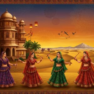 A panoramic scene of Western India's landscape, featuring the majestic Arabian Sea coastline meeting the Thar Desert, with golden sand dunes transitioning into lush Gujarat countryside. In the foreground, a group of three Rajasthani women in vibrant bandhani and leheria print ghagras (deep reds, royal blues, and emerald greens) perform the traditional Garba dance with ornate dandiya sticks. Their traditional silver jewelry glints in the warm sunset light. Behind them, a grand Gujarati haveli with intricate wooden carvings and jharokha windows stands tall, adorned with colorful banners. The middle ground shows Maharashtra's Warli art patterns coming alive, dancing across the scene. A majestic white Rann of Kutch salt desert stretches in the distance, with flamingos taking flight. The sky features a gradient from deep orange to twilight blue, with floating diyas and lanterns creating a magical atmosphere. The scene incorporates Madhubani-style decorative elements in the borders, with peacocks, elephants, and traditional motifs in gold and deep jewel tones. Ethereal glowing mandalas hover in the sky, casting a divine light over the scene.