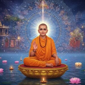 A mystical scene depicting Sri Pada Srivallabha in a transcendent state, seated in padmasana on a golden lotus platform floating above serene waters. He appears as a young ascetic with radiant fair complexion, wearing saffron robes with intricate Madhubani-style patterns. His face exhibits divine calmness with a gentle smile, third eye visible, and a luminous aura surrounding him. The background features a large, ornate mandala merging traditional Pattachitra art with modern digital elements, emanating soft rays of blue and gold light. Multiple translucent layers show scenes from his life stories: a temple in Kuruvapuram, the sacred Dattareya mudra, and devotees receiving blessings. The water below reflects these images like a mirror, creating a dreamy effect. Floating lotuses in pastel pink and white dot the water surface, each containing a small glowing diya. The entire scene is rendered in a contemporary digital art style while maintaining traditional Indian art elements, with a color palette of deep maroons, celestial blues, and burnished golds. Ethereal light particles and subtle sacred geometry patterns fill the atmosphere, suggesting divine presence and timeless wisdom.