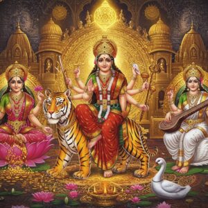 A majestic portrayal of the divine feminine energy with three main goddess forms emerging from a central, luminous golden mandala - Durga in the center on her tiger, wearing a red silk saree with gold border, wielding eight arms holding traditional weapons (trishul, sword, chakra, conch, bow, bell, lotus, and shield), flanked by Lakshmi on her lotus throne in pink-gold saree to the left, surrounded by coins and wealth symbols, and Saraswati in pure white saree on her swan to the right, playing the veena. The background features a massive ornate temple architecture with intricate Madhubani-style patterns. Floating lotus flowers and peaceful doves surround them. The scene is illuminated by divine light streams and floating diyas, creating an ethereal atmosphere. The color palette combines deep maroons, royal blues, and warm golds with soft pastels. Multiple smaller mandalas and yantra patterns float in the background. The goddesses' faces reflect serene confidence, with traditional Indian features and ornate gold jewelry. The overall composition should blend photorealistic details with mystical, surreal elements and contemporary digital art techniques.