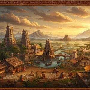 A panoramic view of an ancient Tamil landscape at golden hour, featuring a harmonious blend of village and city life. In the foreground, a traditional Tamil village with thatched-roof houses and terracotta courtyards where women in traditional silk sarees draw kolam patterns. Mid-ground shows bustling market streets with ornate Dravidian architecture, featuring carved pillars and gopurams with intricate details in gold and deep maroon. The background reveals majestic mountains with waterfalls and lush paddy fields stretching to the horizon. Small boats dot the waterways connecting settlements. The scene is rendered in rich, warm colors - deep browns, earthy reds, and burnt orange, with accents of peacock blue and gold. Ethereal light streams through clouds, creating a mystical atmosphere. The art style combines traditional Tanjore painting techniques with modern digital art, featuring detailed patterns, mandalas, and Tamil motifs along the borders. Multiple layers of civilization are visible, from humble village life to grand temple cities, all connected by ancient trade routes. The lighting creates a dreamy, timeless quality while maintaining photographic details.