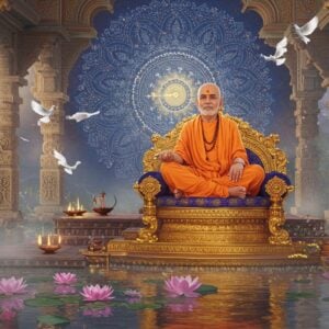 A serene portrait of Chandrashekarendra Saraswati seated in padmasana on a golden throne-like platform, wearing traditional saffron robes with vibrant Rudraksha malas. His face radiates divine wisdom with a gentle smile, surrounded by a soft, ethereal golden aura. Behind him, a large intricate mandala in deep blue and gold patterns emerges from a rising sun. The foreground features a reflecting pool with floating lotus flowers in pastel pink and white, creating perfect reflections. On either side, carved stone pillars with traditional Dravidian architecture merge into modern geometric patterns. Misty morning light filters through, casting gentle rays. Several white doves fly in a circular pattern above. The scene is rendered in a fusion of hyperrealistic digital art with traditional Tanjore painting style, emphasizing rich gold leaf effects and intricate details. The color palette combines deep saffron, royal blue, gold, and soft dawn pastels. Small oil lamps with glowing flames line the steps leading to his seat, creating a mystical atmosphere.