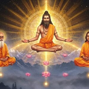 A mystical ethereal scene showing three enlightened Indian spiritual masters seated in lotus position, floating in a triangular formation against a cosmic background. Mahavatar Babaji in the apex, appearing youthful with long dark hair, bare-chested with a white dhoti, radiating intense golden light. Below left, Lahiri Mahasaya with grey beard, wearing ochre robes, glasses, and a peaceful expression. Below right, Paramahansa Yogananda with serene smile, flowing dark hair, and saffron robes. Behind them, a massive intricate Sri Yantra mandala glows with divine light in shades of gold and white. Swirling energy patterns and floating lotus flowers in pastel blues and pinks connect the three masters. Multiple transparent layers of ancient Sanskrit texts float ethereally. The background features the Himalayas shrouded in mystical fog. Soft orbs of light and subtle geometric patterns fill the space between them. Art style combines hyperrealistic digital painting with traditional Indian miniature painting elements. The lighting is dramatic with golden rays emanating from each master creating a triangular light formation. The overall mood is deeply spiritual and transcendent with a modern aesthetic.