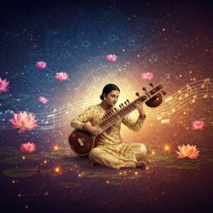 A ethereal scene depicting an Indian classical musician playing a golden sitar, floating in a surreal space filled with swirling, luminescent musical notes in deep indigo and saffron hues. The musician wears a cream-colored kurta with intricate Madhubani-style patterns. Behind them, a large, abstract peacock-blue mandala radiates outward, transforming into flowing waves of melody represented by delicate, geometric patterns inspired by traditional Indian art. Multiple transparent layers show the same musician in different poses, suggesting the time-based nature of ragas. Floating lotus flowers in various stages of bloom represent different times of day, with morning ragas shown by pink lotuses and evening ragas by deep purple ones. The scene is illuminated by a mystical combination of dawn and dusk lighting, with soft golden rays filtering through the composition. Small glowing orbs of light, representing musical notes, dance around the musician. The overall atmosphere is dreamy and transcendental, with a color palette of deep maroon, gold, peacock blue, and soft pastels. The art style merges traditional Pattachitra techniques with modern digital art, creating a harmonious blend of classical and contemporary elements.