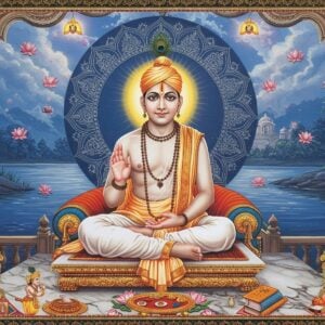 A serene portrait of Hith Harivansh Mahaprabhu seated in padmasana on a decorative marble platform, wearing pristine white dhoti and angavastram, with a radiant golden aura surrounding him. His hands are positioned in chinmudra, symbolizing wisdom. Behind him, a large ornate mandala in shades of deep blue and gold emanates spiritual energy. The background features the banks of Yamuna river with flowering kadamba trees, rendered in traditional Vrindavan art style but with modern digital aesthetics. Floating lotus flowers and devotional symbols create a border around the scene. The lighting is ethereal with soft golden rays filtering through clouds, creating a mystical atmosphere. In the foreground, intricate Madhubani-style patterns in gold and peacock blue form a decorative frame. The overall composition combines photorealistic details with spiritual symbolism, featuring a color palette of white, gold, deep blues, and soft saffron. Small vignettes of his teachings appear as glowing symbolic elements in the corners, including a peacock feather, flute, and sacred texts.