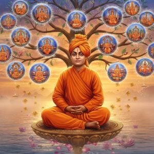 A majestic portrait of Swami Vivekananda in his iconic saffron robes and turban, rendered in a fusion of traditional Indian and modern digital art styles. He sits in padmasana on a cosmic lotus platform floating above a serene ocean at sunrise. His face radiates divine wisdom with a gentle smile, surrounded by a golden aura. Behind him, a large ethereal tree of knowledge with glowing branches forms intricate mandala patterns. The branches hold floating crystalline orbs containing scenes from his famous works and teachings. Scattered lotus petals and sacred Sanskrit texts transform into modern digital particles as they float upward. The color palette combines deep saffron, royal blue, and burnished gold with modern gradient effects. Soft light rays pierce through morning mist, creating a dreamlike atmosphere. The composition balances traditional Indian motifs with contemporary sacred geometry. The overall scene suggests transcendental wisdom bridging ancient and modern times, with hyperrealistic details in Swami's face and robes contrasting with the mystical surrounding elements. Art style combines traditional Madhubani patterns with modern digital painting techniques.