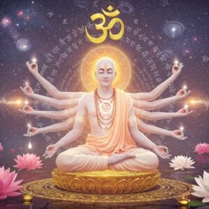 A serene Indian yogi in ethereal white dhoti and angavastram, seated in padmasana on a golden lotus platform, hands in anjali mudra, radiating divine light. Multiple translucent layers of consciousness emanating from his form in concentric circles, each layer featuring intricate Madhubani-style patterns in soft gold and saffron. The background shows a cosmic void with floating Sanskrit letters dissolving into pure light. Three dimensional Om symbol in luminescent gold hovers above, surrounded by spiraling energy waves. The scene includes floating lotuses in various states of bloom in pastel pink and white, with drops of divine nectar falling from their petals. Soft beams of light in pale blue and warm gold create an otherworldly atmosphere. The lighting is ethereal and dreamy, with emphasis on inner illumination. The art style combines traditional Indian spiritual iconography with modern digital art techniques. The yogi's face reflects deep peace and divine connection, with a subtle golden aura around his form.