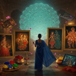 A grand, ethereal art studio space with floating golden frames showcasing five distinct masterpieces - Raja Ravi Varma's "Lady with Lamp", Amrita Sher-Gil's "Three Girls", M.F. Husain's galloping horses, Nandalal Bose's "Sati", and Jamini Roy's tribal Bengali figures, each glowing with their signature styles. The frames are adorned with intricate Madhubani patterns in gold. A mysterious Indian female artist in a flowing deep blue silk saree stands in the center, holding a traditional paintbrush in one hand and a modern digital stylus in another. Behind her, a massive translucent peacock-feather-inspired mandala radiates soft light in shades of turquoise and gold. Traditional paint pottery, brass containers with natural pigments, and modern digital tablets float around her. The scene is illuminated by warm, divine light streaming through ornate Indian architecture. Lotus petals and paint swirls dance in the air. The art style combines hyperrealistic digital rendering with traditional Pattachitra patterns, creating a surreal yet sophisticated atmosphere. The color palette features rich maroons, royal blues, burnished golds, and earthy Indian pigment tones.