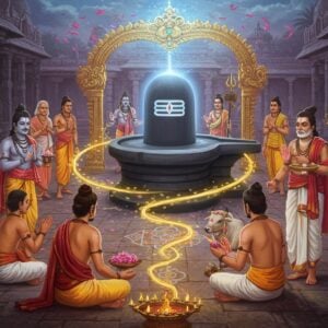 A mystical gathering of Tamil Nayanar saints in traditional ancient South Indian attire (white veshti and angavastram), arranged in a spiral formation around a massive, luminous Shiva lingam emanating blue-white divine light. The central figure is Sundarar with his distinctive matted locks, holding a veena, while Appar and Sambandar stand prominently nearby. The saints display various acts of devotion - some offering flowers, others in deep meditation, and a few performing tandava dance. The scene is set in a ethereal temple courtyard with traditional Dravidian architecture visible in the background. Intricate kolam patterns made of light float in the air. The color palette combines deep maroons, saffron, and gold with pastel blue auras. The artwork merges Tanjore painting style with modern digital art techniques, featuring detailed jewelry and facial expressions. Sacred ash vibhuti glows on the foreheads of the saints. Nandi appears in a semi-transparent form watching over the saints. The overall composition creates a spiral energy pattern, with streams of golden light connecting each saint to the central lingam, symbolizing their unified devotion.