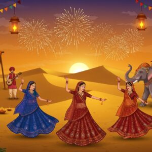 A vibrant panoramic scene showcasing a traditional Rajasthani desert landscape during sunset, with golden sand dunes in the background. In the foreground, a group of three Indian women in elaborate Rajasthani lehengas (in royal blue, deep red, and emerald green) performing Ghoomar dance with their ghagras creating perfect circular formations. Their outfits adorned with intricate mirror work and traditional Rajasthani jewelry gleaming in the warm light. To their left, a group of turbaned men in colorful kurtas playing traditional instruments - nagada drums and algoza. On the right, a beautifully decorated elephant with detailed caparison in gold and red, carrying a decorated howdah. The scene includes floating diyas, string lights, and lanterns creating a magical atmosphere. Incorporating elements of Teej celebration with decorated swings adorned with marigold flowers. The sky features bursting fireworks in gold and silver, creating a ethereal glow. The entire scene follows a modern interpretation of Madhubani art style with intricate patterns and rich cultural motifs, enhanced by digital art techniques. The lighting should be warm and golden, creating a magical festive ambiance.