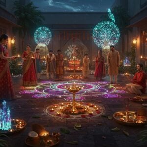 A grand Indian festival celebration scene set in a modern courtyard, featuring a dramatic central mandala rangoli made with luminescent colors and floating light orbs. Young Indian families in contemporary fusion wear (women in designer sarees, men in modern kurtas) gather around, holding traditional diyas and smart devices displaying AR projections of festival symbols. The scene is illuminated by a mix of traditional brass lamps and modern LED string lights forming geometric patterns. Multiple festival elements blend seamlessly: floating marigold garlands, sleek metal thalis with modern motifs, crystalline water fountains with lotus flowers, and holographic peacock patterns in the sky. The color palette combines deep traditional colors (royal purple, crimson, gold) with futuristic metallic sheens. Traditional elements like banyan leaves, coconuts, and incense smoke intertwine with subtle tech elements like floating light particles and geometric art installations. The scene is captured in a cinematic wide angle, with depth of field highlighting both the intimate family moments and the grand celebratory atmosphere. Art style combines hyperrealistic digital art with traditional Madhubani patterns in the details, creating a rich, layered visual that bridges tradition and future.