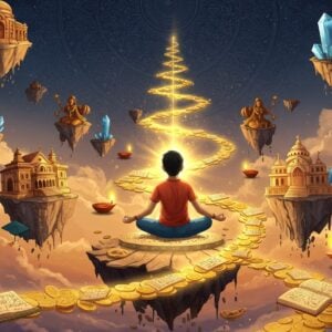 A serene scene depicting a young Indian student in modern attire sitting cross-legged on a floating lotus platform, surrounded by ethereal golden light and ascending spiral staircases made of ancient Indian manuscripts and modern books. The student is shown reaching towards multiple glowing pathways made of flowing golden coins and educational certificates that spiral upward. In the background, a large, intricate mandala pattern in deep blue and gold represents educational growth. Traditional Indian motifs like peacocks and lotus flowers are woven throughout, rendered in a modern digital style. Floating crystalline structures in saffron and blue represent different educational institutions. The scene is illuminated by warm, hopeful lighting with soft pastel overtones. Small, glowing diyas float around the student, symbolizing enlightenment through education. The overall composition blends Madhubani-style decorative elements with contemporary digital art techniques, creating a surreal yet aspirational atmosphere. The student's expression shows determination and hope, while their posture suggests meditation and focus.