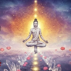 A serene Indian yogi in lotus position floating above a modernistic crystal pathway that leads to infinity, wearing contemporary white dhoti with traditional sacred thread. The path is adorned with floating lotus flowers transitioning from material red to spiritual white. Behind him, a large, intricate mandala emitting golden light creates a portal effect, surrounded by swirling energy patterns in deep indigo and saffron. Four symbolic elements frame the corners: a breaking chain (representing liberation from karma), a peaceful dove, a glowing third eye, and a dissolving material world. The background features a cosmic landscape with subtle representations of seven chakras as glowing orbs. Ethereal mist in pastel purples and blues creates depth. Sacred geometry patterns float in the air, while small particles of golden light spiral upward. The yogi's face shows profound peace, with a subtle aura of white light. Madhubani-style decorative patterns blend seamlessly with modern digital art techniques, creating a bridge between ancient and contemporary spirituality. Hyperrealistic rendering with strong attention to light and shadow, emphasizing the transcendental atmosphere.