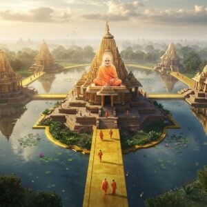 A serene aerial view of multiple Swami Samarth temples interconnected by golden pathways forming a sacred mandala pattern, each temple glowing with soft, ethereal light. The central temple features a hyper-realistic portrait of Swami Samarth in his signature pose - seated cross-legged, wearing saffron robes, with his right hand raised in blessing. Surrounding temples blend traditional Maharashtrian architecture with modern design elements, featuring intricate Pattachitra-style patterns on their walls. The scene is bathed in mystical morning light with rays filtering through clouds, creating divine beams. Peaceful lotus ponds reflect the temples, with gentle ripples creating concentric circles. Small groups of devotees in traditional Indian attire are seen walking the pathways. The color palette focuses on deep saffron, peaceful blues, and warm golds. Sacred trees like peepal and banyan frame the temples, their leaves catching the golden light. Soft mist adds an ethereal quality, while subtle digital particle effects suggest spiritual energy. The composition combines aerial and ground perspectives in a surreal, spiritually uplifting manner, photorealistic render with cinematic lighting, 8k quality