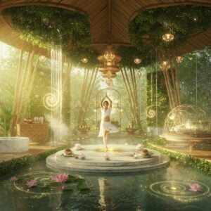 A serene modern Indian wellness sanctuary set in a crystalline glass and bamboo structure, illuminated by soft golden hour light. In the foreground, a young Indian woman in flowing white yoga attire performs a perfect Vrikshasana (tree pose) on a marble platform surrounded by floating lotus flowers and swirling energy patterns. The space features multiple wellness zones - a luxurious ayurvedic spa area with copper vessels and herb-filled shelves, a meditation dome with glowing mandalas, and a modern retail section with organic products. Ethereal mist weaves through the scene, carrying subtle sparkles of gold and rose quartz. Traditional Madhubani-style patterns adorn the glass walls, creating a beautiful fusion of ancient and modern aesthetics. The color palette focuses on calming sage green, warm gold, pristine white, and gentle rose pink. Small waterfalls cascade down living walls covered in traditional medicinal plants. The lighting is dreamy and diffused, with sun rays creating peaceful light beams through the structure, highlighting the harmony between traditional wellness and contemporary design. The art style is photorealistic with a touch of magical realism.