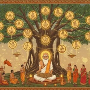 A serene Indian family tree visualization rendered in Madhubani art style, showing three generations connected by golden threads of light. The central figure is an elderly Indian sage in traditional white dhoti, seated in padmasana, holding ancient palm leaf manuscripts. Around him, intricate Sanskrit symbols float in a spiral pattern, with seven main gotras represented by distinct traditional symbols in deep saffron and maroon. The background features a massive banyan tree with roots transforming into flowing ancestral lineages, each branch adorned with small mandala patterns in peacock blue and gold. Ethereal light streams through the tree's canopy, illuminating floating lotus flowers that mark different family connections. Modern Indian families in contemporary clothing stand at the tree's base, looking up at their heritage with wonder. The scene is framed by traditional Pattachitra-style border patterns featuring miniature representations of ancient rishis and their ashrams. Soft glowing orbs of light in warm gold and pale pink float throughout the scene, creating a mystical atmosphere. The overall composition blends traditional Indian art with digital surrealism, maintaining cultural authenticity while appearing modern and sophisticated.