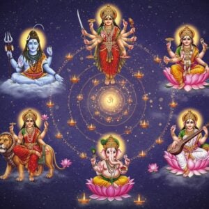 A serene cosmic scene showing five main Hindu deities arranged in a mesmerizing spiral mandala pattern: Lord Shiva (blue-skinned, crescent moon on head, holding trishul) at the center, radiating outward to Goddess Durga (riding her lion, holding weapons in 8 hands), Lord Ganesha (elephant-headed, holding modak), Lord Krishna (playing flute, peacock feather crown), and Goddess Saraswati (seated on white lotus, playing veena). Each deity emits their signature divine aura in soft pastel hues - ice blue for Shiva, red for Durga, saffron for Ganesha, deep blue for Krishna, and pearl white for Saraswati. The background features intricate Madhubani-style patterns in gold against deep indigo, with floating lotus flowers and spiritual symbols. Multiple small glowing orbs of light connect each deity through golden threads, symbolizing divine connection. The scene is elevated with ethereal mist and sparkles, creating a dreamlike atmosphere. Photorealistic digital art style with attention to traditional iconographic details, merging ancient Indian art with modern aesthetic sensibilities.