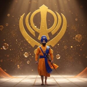 A regal Sikh warrior standing proudly in the center, wearing modern formal attire combined with traditional Sikh elements, against a backdrop of a massive golden Khanda symbol that emits a divine glow. The five K's are artistically represented: flowing uncut hair (Kesh) gracefully moving in the wind, a wooden Kangha delicately placed in the hair, a gleaming steel Kara on the wrist catching light, a traditional white Kachera visible beneath a contemporary dhoti-style garment, and a ceremonial Kirpan with an intricately designed handle. The scene is set in a modern minimal space with floating geometric patterns inspired by Gurudwara architecture. Soft beams of light in saffron and white create a heavenly atmosphere. Small particles of light dance around the figure. The art style combines photorealistic rendering with subtle traditional Indian artistic elements, maintaining a clean, contemporary aesthetic. The lighting is dramatic yet serene, with emphasis on the metallic elements. The warrior's expression is peaceful yet confident, embodying both spiritual devotion and strength.