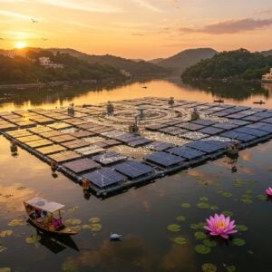 A majestic aerial view of a large floating solar power plant on a serene Indian lake during golden hour, with ornate mandala-inspired solar panels arranged in a lotus pattern. The panels reflect the warm sunlight with a ethereal golden-blue glow. Traditional Indian patterns and motifs are subtly integrated into the solar panel arrangements. In the foreground, elegant lotus flowers in soft pink emerge from the tranquil waters, their petals intertwining with the modern technology. The water surface has a mystical shimmer with gentle ripples creating sacred geometry patterns. Surrounding the lake are lush green hills with traditional Indian architectural elements. The sky features a gradient of pastel oranges and purples, with wispy clouds forming subtle Madhubani-style patterns. Small boats with traditional Indian designs navigate between the solar arrays, while water birds gracefully glide nearby. The scene combines Pattachitra's intricate detailing with modern digital art aesthetics, emphasizing the harmony between nature, tradition, and technological innovation. Photorealistic rendering with magical realism elements, cinematic lighting, high definition, detailed textures.