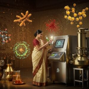 A stunning high-tech Indian laboratory setting with warm golden lighting, where a traditionally dressed Indian female scientist in a cream silk saree with maroon border works with modern food processing equipment. The scene features a harmonious blend of traditional and modern elements - floating 3D holographic projections of molecular structures of Indian spices (turmeric, cardamom, saffron) in vibrant Madhubani-style patterns. In the background, a wall decorated with intricate Pattachitra-style artwork showing the evolution of Indian cuisine. The foreground showcases gleaming steel machinery alongside traditional brass vessels. Floating particles of light create a magical atmosphere, with subtle mandala patterns in the machinery's digital displays. The color palette includes deep peacock blue, burnished gold, and warm saffron tones. Artistic style merges hyperrealistic digital art with traditional Indian art motifs. The scene includes modern lab equipment with floating test tubes containing colorful natural food extracts, and a subtle Om symbol etched in modern design on the main equipment panel.