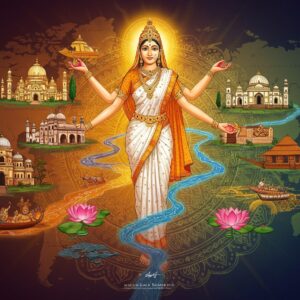 A majestic digital illustration showing Mother India as a radiant, ethereal figure in a flowing saffron and white saree, emerging from an intricate golden mandala. Her arms spread wide, creating flowing rivers that divide into distinct regions, each pulsing with unique Madhubani patterns and colors. The regions transform into modern state boundaries, depicted through glowing sacred geometric lines in deep peacock blue. Floating above are miniature traditional architectural elements representing different states - Tamil Nadu's Meenakshi Temple, Kashmir's Dal Lake houseboats, Gujarat's Stepped Wells, Bengal's Victoria Memorial, all rendered in a modern minimal style with gold accents. Sacred lotus flowers bloom along the state borders, their petals containing intricate Pattachitra-style artwork showing historical moments. The background features a gradient from deep maroon to midnight blue, with subtle maps of pre-independence princely states as transparent overlays. Ethereal light rays in saffron, white, and green colors shine through, creating a divine atmosphere. The composition should be surreal yet sophisticated, blending traditional Indian art motifs with contemporary digital aesthetics.