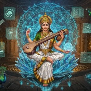 A futuristic interpretation of Saraswati, the goddess of knowledge, reimagined as a modern Indian tech visionary, seated on a crystalline lotus made of digital interfaces. She wears a contemporary fusion saree in white and gold with circuit board patterns. Her four hands hold: a holographic veena emitting musical data streams, a digital tablet displaying AI algorithms, a quantum computing crystal sphere, and a gesture controlling augmented reality interfaces. Behind her, a massive digital mandala composed of interconnected neural networks and sacred geometry patterns glows in neon blue and gold. The scene is set in a floating laboratory-temple hybrid with ancient Indian architectural elements merged with ultra-modern tech aesthetics. Floating around her are holograms of India's achievements: satellites, electric vehicles, renewable energy systems, and biotechnology symbols. Peacock drones with luminescent feathers hover nearby. The lighting combines warm spiritual golden hues with cool tech-blue accents. The style merges hyperrealistic digital art with traditional Indian Madhubani patterns in a sci-fi setting. Micro-details include Sanskrit equations morphing into computer code and traditional rangoli patterns forming quantum circuitry.
