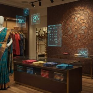 A stylized Indian boutique interior merging traditional and modern elements, featuring a elegant mannequin wearing a vibrant silk saree in peacock blue with intricate gold borders. The scene is illuminated by warm, golden lighting with floating digital holograms showing percentages and tax calculations in a subtle, ethereal blue glow. In the foreground, a contemporary glass counter displays neatly folded traditional and modern Indian garments in rich jewel tones. The background shows a wall adorned with a large, intricate mandala pattern in metallic gold and copper, partially overlaid with translucent, floating geometric patterns representing digital calculations. Traditional Madhubani-style motifs of peacocks and flowers are seamlessly integrated into modern retail displays. The overall composition creates a harmonious blend of traditional Indian textile craftsmanship with futuristic retail elements, rendered in a sophisticated color palette of deep maroons, royal blues, and burnished golds, with subtle lighting effects suggesting a high-end, professional atmosphere.