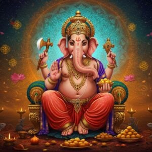 A majestic Lord Ganesha seated in Padmasana on an ornate golden lotus throne, his four arms holding his signature items - an axe in upper right hand, a modak in lower right hand, a broken tusk in upper left hand, and a noose in lower left hand. His elephant head adorned with a rich red and gold crown embedded with gems, third eye visible. His body is a warm coral-pink hue with intricate Madhubani-style patterns on his dhoti. Behind him, a large, glowing mandala in shades of saffron and azure radiates divine energy. Floating cosmic swirls and sacred geometry patterns in gold surround him. The scene includes mystical elements like floating lotus flowers, vibrant peacock feathers, and scattered modak sweets. Soft ethereal light bathes the scene in a warm golden glow. Small mice, Ganesha's vahana, sit devotedly at the base of the throne. The background features a blend of traditional Indian art motifs and modern digital effects, creating a contemporary spiritual aesthetic. The overall color palette includes deep maroons, royal blues, saffron, and gold with accents of emerald green.