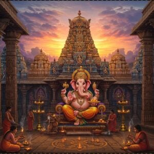 A majestic Lord Ganesha temple complex in traditional Dravidian architecture style, with intricate golden-hued gopurams reaching towards a mystical twilight sky filled with soft pink and purple clouds. Lord Ganesha sits in the center, depicted in his classic form with four arms - holding modaka in lower right hand, ankusha (elephant goad) in upper right, pasha (noose) in upper left, and his broken tusk in lower left. His trunk is curved towards a plate of modakas. The temple structure features detailed stone carvings of various Ganesha forms and stories, illuminated by warm glowing diyas and floating lotus lamps. Ornate mandala patterns adorn the temple walls in deep maroon and peacock blue. The foreground shows devotees performing aarti with golden thalis, with trails of incense smoke creating ethereal patterns. Traditional Madhubani-style border elements frame the scene, featuring mice (Ganesha's vahana) and lotus motifs. The lighting is dramatic with golden rays filtering through the temple pillars, creating a divine ambiance. The overall composition maintains a perfect balance between traditional architectural grandeur and spiritual serenity.