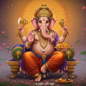 A majestic Lord Ganesha seated in padmasana on an ornate golden lotus throne, his elephant head detailed with intricate Madhubani patterns. His four arms holding specific items: bottom right hand holds a modak, bottom left hand holds an axe, top right hand holds a broken tusk, and top left hand displays the abhaya mudra. His large ears are adorned with golden jewelry, and his trunk is gracefully curved towards a plate of modaks. He wears a rich red and gold dhoti with intricate peacock blue border. Behind him, a large, glowing mandala in shades of saffron and gold radiates divine light. The background features floating lotus flowers and sacred geometric patterns in soft pastel colors. His vahana, the mouse, sits devotedly at his feet holding a small lotus. The scene is enhanced with ethereal mist and floating flower petals, creating a dreamy atmosphere. The art style combines traditional Indian miniature painting techniques with modern digital aesthetics, featuring deep, rich colors and sophisticated lighting effects.
