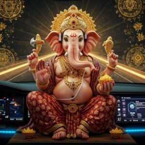 A majestic Lord Ganesha in his traditional form with four arms, seated regally on a modern, sleek electric car dashboard, his golden aura illuminating the car's interior. In his upper right hand holds his signature modak, upper left hand holds a broken tusk, lower right hand in abhaya mudra (blessing gesture), and lower left hand holds a lotus. He wears rich silk dhoti in royal red with intricate gold patterns, adorned with precious gemstone jewelry. His elephant head features intricate Madhubani-style patterns, with a prominent tilak and garland of flowers. The car interior shows modern technology displays with subtle blue LED lighting. Behind him, through the windshield, a ethereal highway stretches into infinity, decorated with floating golden mandalas and lotus patterns. Protective yantra patterns radiate from Ganesha in soft golden light. The scene combines hyperrealistic 3D rendering with traditional Indian art elements, creating a surreal, protective atmosphere. The color palette includes deep maroon, gold, electric blue, and soft ambient lighting.