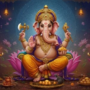 A majestic Lord Ganesha seated in padmasana on an ornate golden lotus throne, his four hands holding specific items - modak in lower right, broken tusk in upper right, axe in upper left, and a sacred thread in lower left. His large elephant head detailed with intricate madhubani patterns, adorned with a golden crown embedded with rubies. His third eye glowing with divine light. His mouse companion sitting devotedly at his feet. Behind him, a large circular mandala in deep peacock blue and gold creates a cosmic halo effect. The scene is surrounded by floating lotus flowers, bells, and spiritual symbols in soft pastels. Modern interpretations of traditional Hindu motifs frame the corners. The lighting is ethereal with warm golden rays emanating from Ganesha's form, creating a serene atmosphere. The art style combines traditional Indian Pattachitra techniques with contemporary digital art aesthetics, featuring rich textures and detailed ornamentation. His trunk is curved towards his left, holding a small modak, while more modaks are arranged in a golden plate near him.
