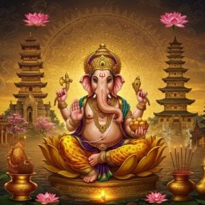 A majestic central figure of Lord Ganesha with four arms, holding modak in lower right hand, broken tusk in upper right, blessing gesture in lower left, and axe in upper left, seated in padmasana on a golden lotus throne. His elephant head features intricate Thai-style ornaments, while his body adorns both Indian silk dhoti and Japanese-style sashes. Surrounding him are five distinct architectural elements: a South Indian temple gopuram, Japanese pagoda, Cambodian Angkor wat-style shrine, Balinese temple gate, and Thai Buddhist sanctuary, all rendered in golden hues. The background features a large, glowing mandala incorporating cultural symbols from these regions - lotus flowers, cherry blossoms, frangipani, and traditional geometric patterns. Soft ethereal light bathes the scene in warm golden and peaceful blue tones. Incense smoke swirls create mystical patterns in the air. The art style combines traditional Madhubani patterns with modern digital art techniques, featuring rich jewel tones of deep maroon, royal blue, and saffron. Multiple floating offerings from different cultures - coconuts, modak, lotus flowers, and incense - orbit around Ganesha. The overall composition is serene yet magnificent, with intricate details in gold filigree work throughout.