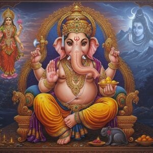 A majestic Lord Ganesha seated in lotus position on an ornate golden throne, his elephant head adorned with jewels and a crown. His four hands holding specific items - top right hand holds ankusha (elephant goad), top left holds pasha (noose), bottom right holds modaka (sweet), and bottom left hand in abhaya mudra. Behind him, a ethereal scene depicts Goddess Parvati creating him from turmeric paste, surrounded by soft, glowing mandalas. The background transitions into Mount Kailash with shimmering peaks. Intricate Madhubani-style patterns frame the scene, incorporating lotus motifs and sacred symbols. Lord Shiva appears in a translucent, ethereal form in the upper right, watching the scene unfold. The color palette features rich maroons, deep blues, saffron, and gold, with hints of pastel pink in the sky. Modern digital lighting creates a divine glow around Ganesha, while maintaining traditional Indian art elements. Mouse vahana sits devotedly at his feet. The scene captures both the divine birth moment and Ganesha's established form as the remover of obstacles.