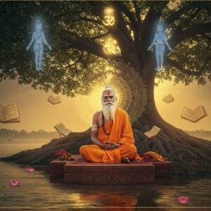 A serene elderly Indian sage with silver-white beard, dressed in saffron robes, seated in padmasana on a carved stone platform near the banks of the Ganges at dawn. He is surrounded by an ethereal, glowing mandala representing pure consciousness. Ancient Sanskrit manuscripts float around him, their pages illuminated with golden light. Behind him stands a massive Bodhi tree with branches forming the shape of the sacred Om symbol. Four translucent figures representing different levels of consciousness (waking, dreaming, deep sleep, and turiya) emerge from the mandala in soft pastel hues. The scene is rendered in a fusion of traditional Madhubani art style with modern digital aesthetics, featuring intricate patterns in deep maroon, saffron, and peacock blue. Rays of golden morning light filter through the tree, creating a mystical atmosphere. The river reflects the entire scene like a mirror, symbolizing the non-dual nature of reality. Small details include floating lotus flowers, sacred threads, and subtle geometric patterns representing Vedantic philosophy. The lighting is otherworldly with a soft glow emanating from the sage himself.