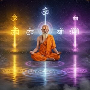 A serene Indian sage in ochre robes meditating in padmasana pose, floating above a cosmic pond reflecting intricate mandala patterns. Four concentric circles represent the four states of consciousness, each glowing with distinct colors - golden (Jagrat), deep blue (Swapna), purple (Sushupti), and pure white light (Turiya). The background features a ethereal landscape with sacred Om symbol rendered in flowing Sanskrit calligraphy made of golden light. Multiple transparent layers showing the same sage transitioning from waking to dreaming to deep sleep to transcendental state, each layer more subtle than the previous. Geometric patterns inspired by Madhubani art style frame the scene, with lotuses and peacock feathers adorning the corners. The lighting is mystical with soft glowing orbs and streams of consciousness represented by ribbons of light in saffron and white. The sage's face reflects profound peace and wisdom, with a subtle third eye emanating wisdom. Art style combines hyperrealistic digital painting with traditional Indian artistic elements, creating a modern yet deeply spiritual aesthetic. Soft mist partially veils the lower portion of the image, suggesting the illusory nature of material existence.