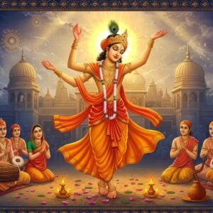 A ethereal scene depicting Lord Chaitanya Mahaprabhu in his divine golden form, dancing in ecstasy with upraised arms, wearing a flowing saffron dhoti with intricate Bengali-style pleats. He's surrounded by devotees performing Kirtan in traditional Bengali Vaishnava attire. The background features the historic Mayapur temple complex rendered in a modern architectural style with gleaming domes and spires. Soft rays of divine light illuminate the scene, creating a mystical atmosphere. The foreground shows scattered lotus petals and traditional musical instruments like mridanga and karatalas. Ornate Madhubani-style patterns frame the scene, incorporating Vaishnava symbols like tilak, flute, and peacock feathers. The color palette combines deep blues, saffron, and gold with modern gradient effects. The art style merges traditional Bengali pat painting techniques with contemporary digital art aesthetics, creating a harmonious blend of ancient and modern elements. Floating mandalas and subtle sacred geometry patterns add depth and spiritual symbolism.